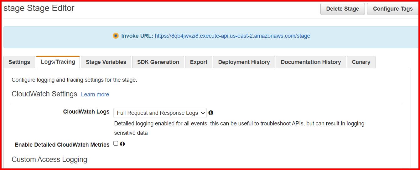 Picture showing the CloudWatch settings in the Logs/Tracing tab